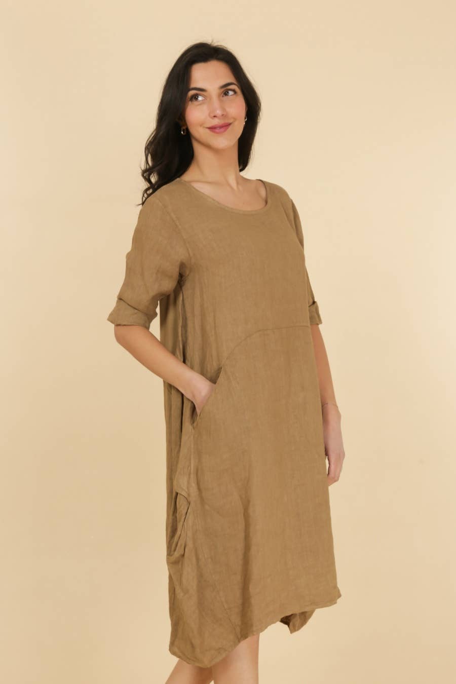 Linen/Cotton 3/4 Sleeve Dress in Caterpillar