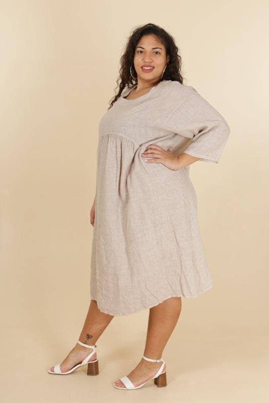 Linen Plus Size Long Sleeve Midi/Maxi Dress in White