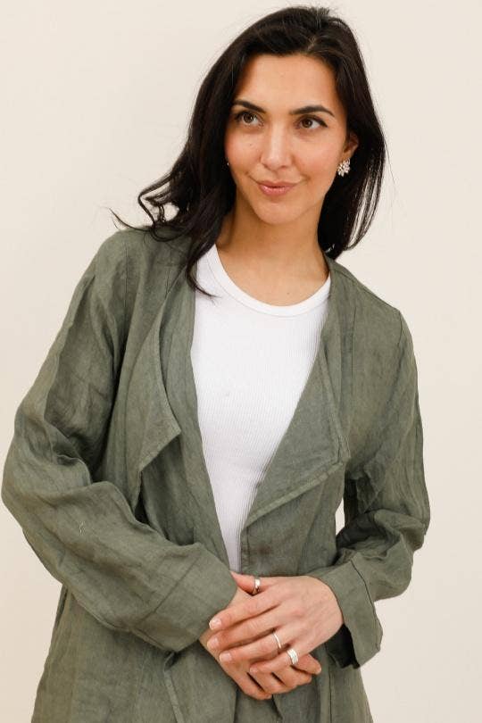 Long Linen Waterfall Jacket in Mole Taupe