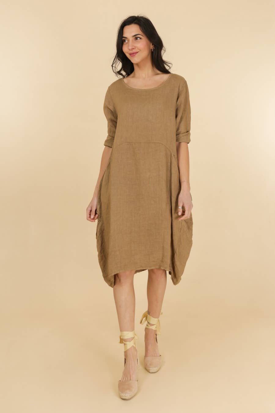 Linen/Cotton 3/4 Sleeve Dress in Mole