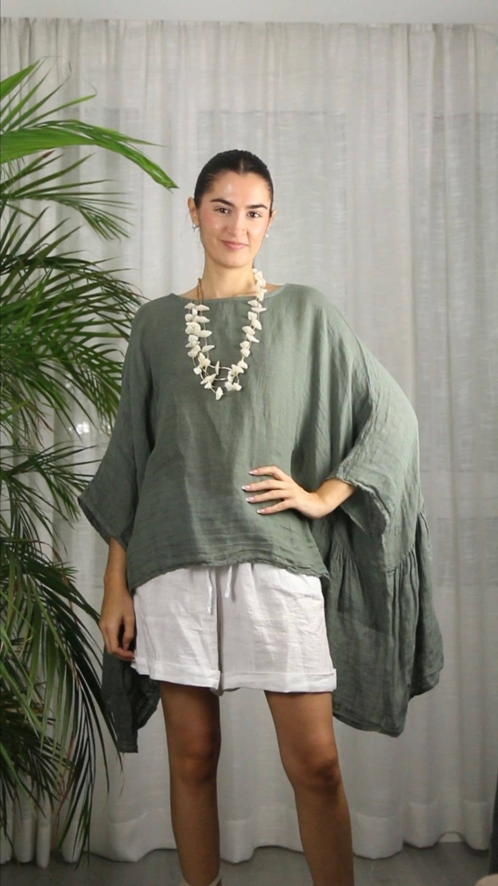 3/4 Sleeve Linen Batwing Oversized Drape Top in Lichen Khaki Green