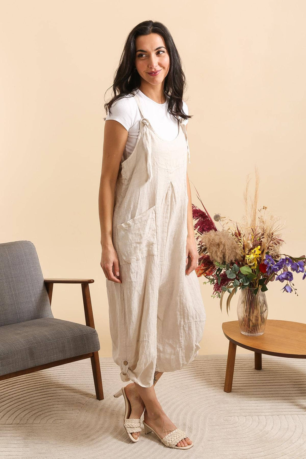 Linen Dungarees with Pockets in Forget-Me-Not