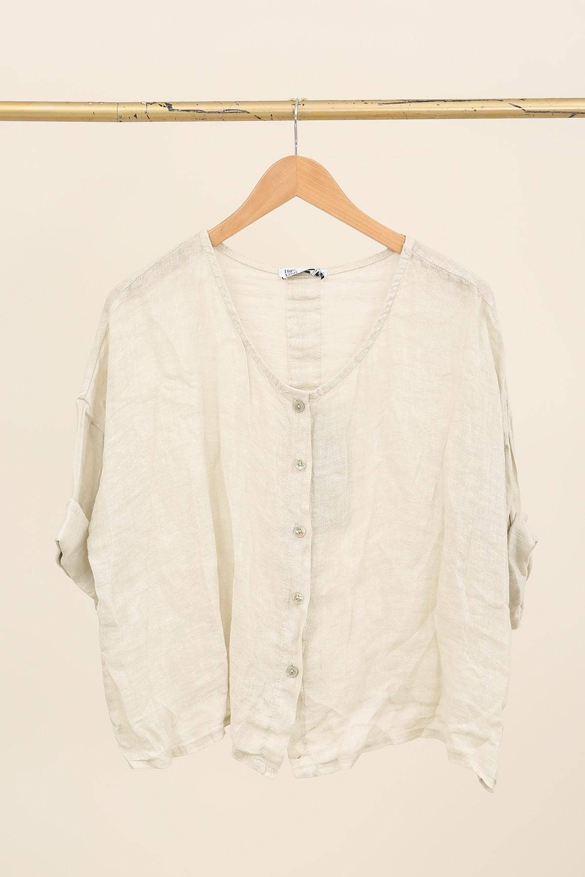 Linen Full Length Button Up Top in Stone Beige