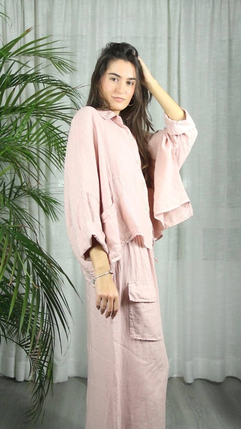 Oversized Linen Shirt with Pocket in Cosmos Pink