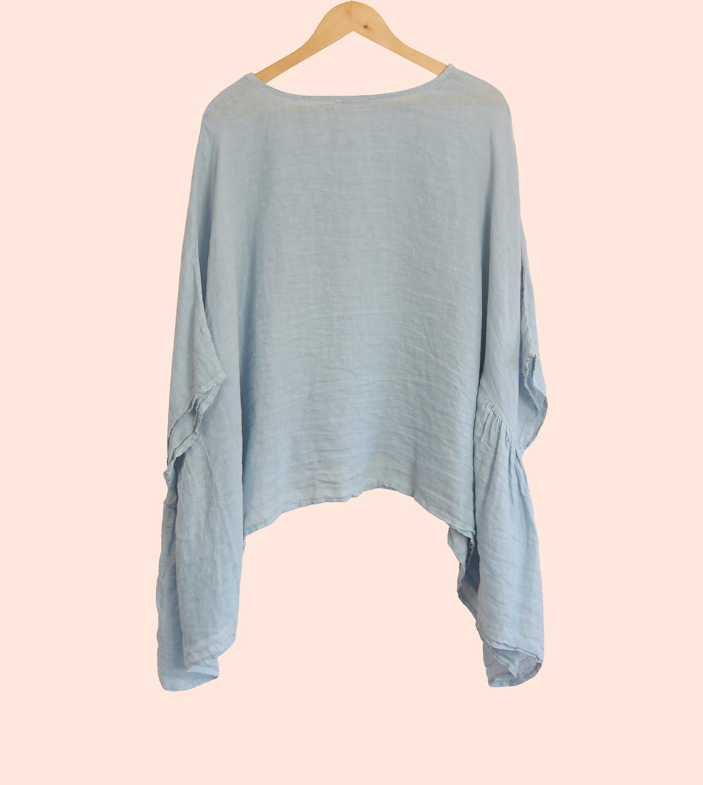 3/4 Sleeve Linen Batwing Oversized Drape Top in Sky