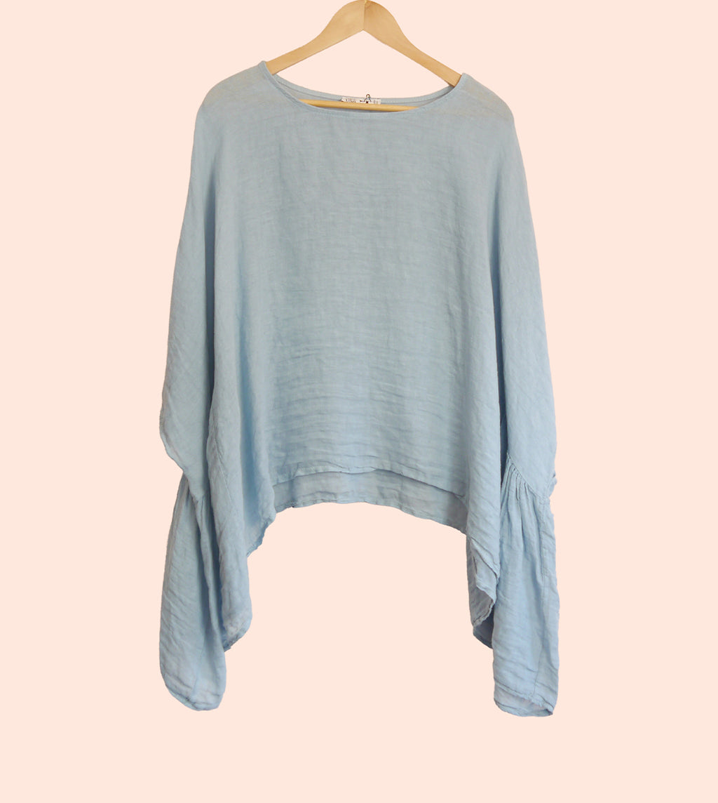 3/4 Sleeve Linen Batwing Oversized Drape Top in Sky