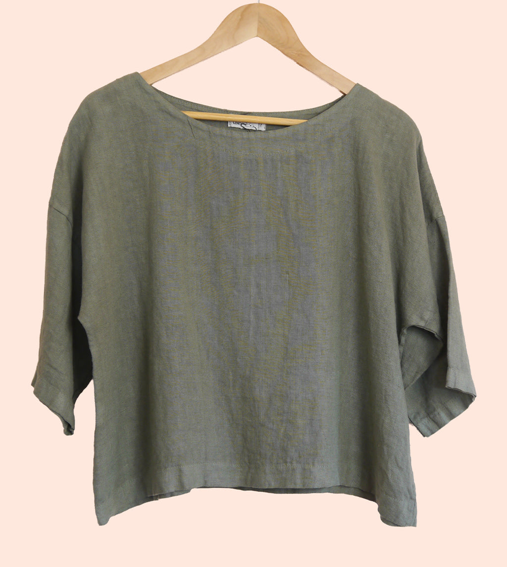 3/4 Sleeve Linen Boxy Top in Lichen