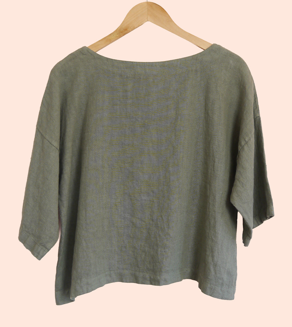 3/4 Sleeve Linen Boxy Top in Lichen
