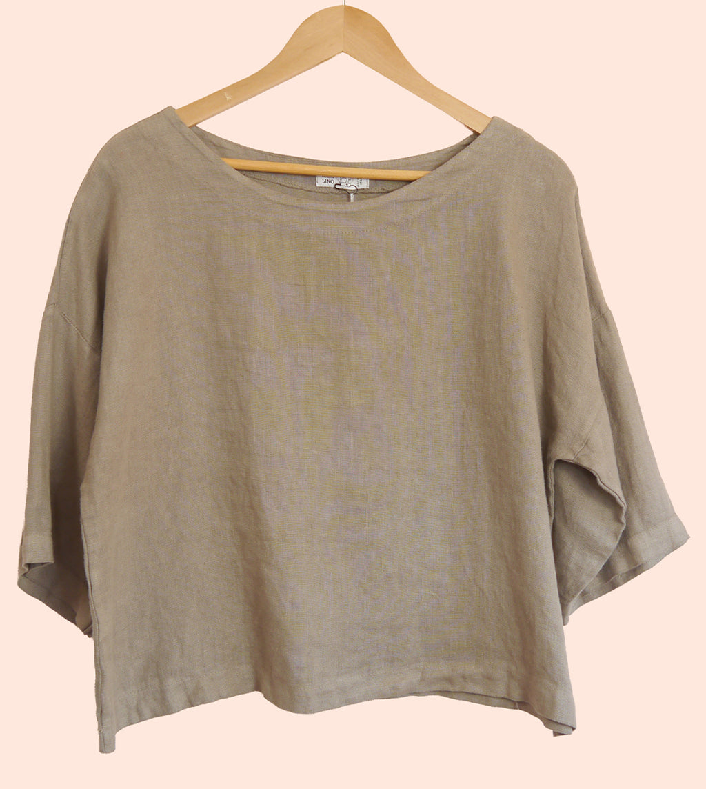 3/4 Sleeve Linen Boxy Top in Mole