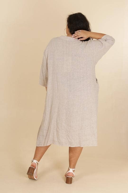 Linen Plus Size Long Sleeve Midi/Maxi Dress in White