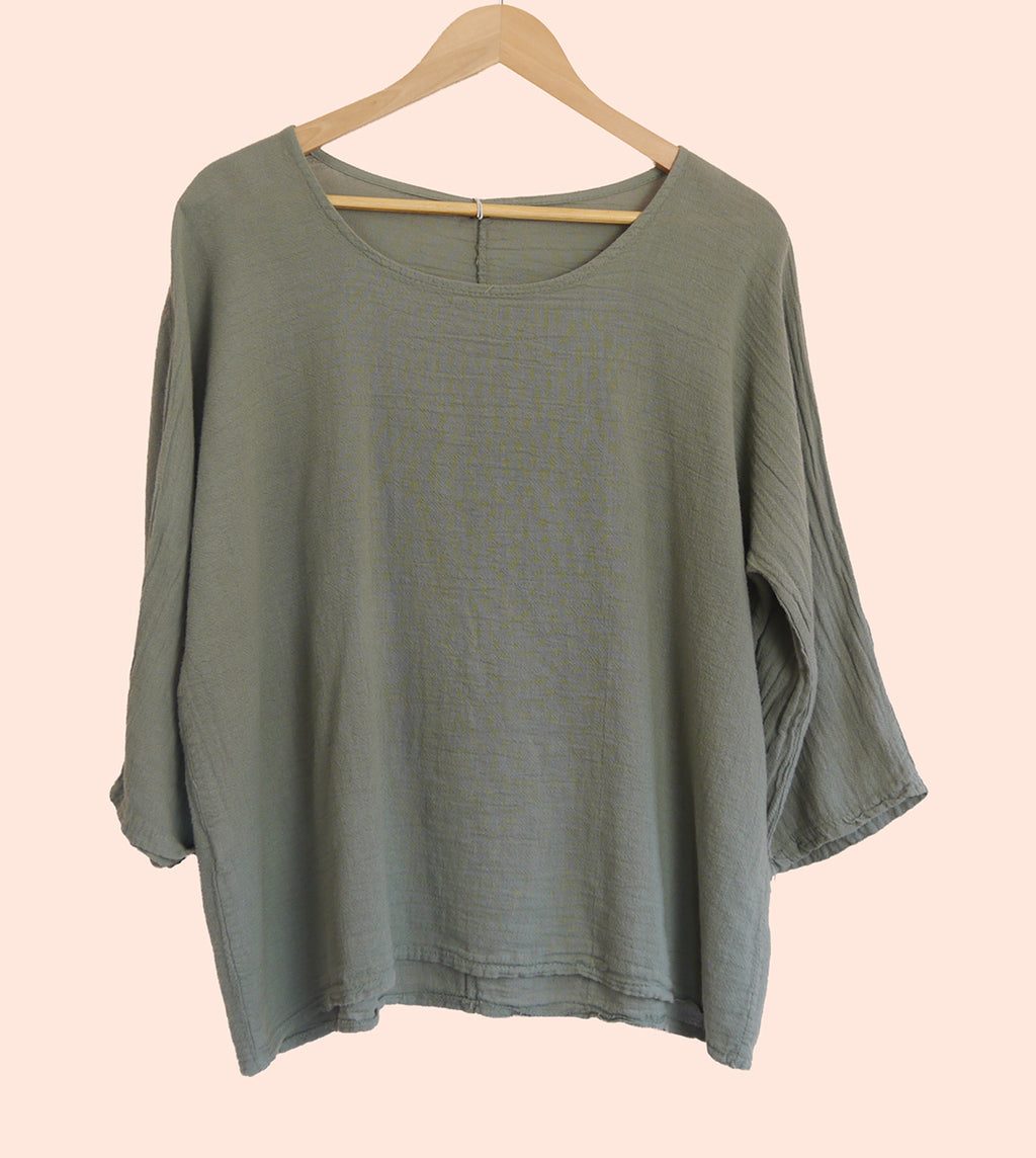 Cotton/Linen Longer Length Layering Top in Lichen