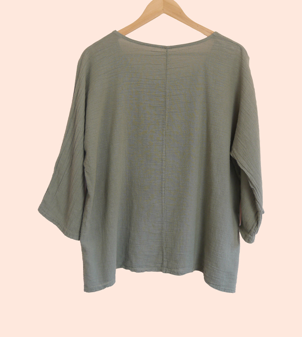 Cotton/Linen Longer Length Layering Top in Lichen