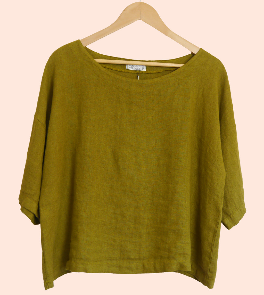 3/4 Sleeve Linen Boxy Top in Moss