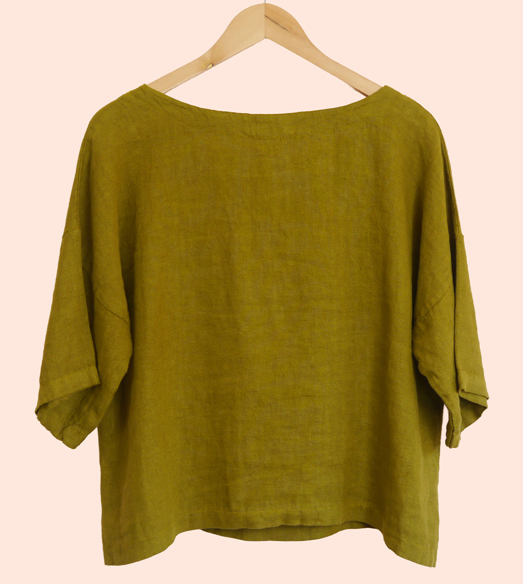 3/4 Sleeve Linen Boxy Top in Moss