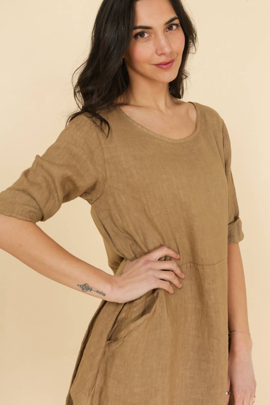 Linen/Cotton 3/4 Sleeve Dress in Mole