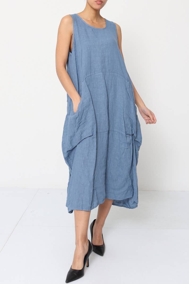 Linen Sleeveless Maxi Cocoon Dress with Pockets in Lichen