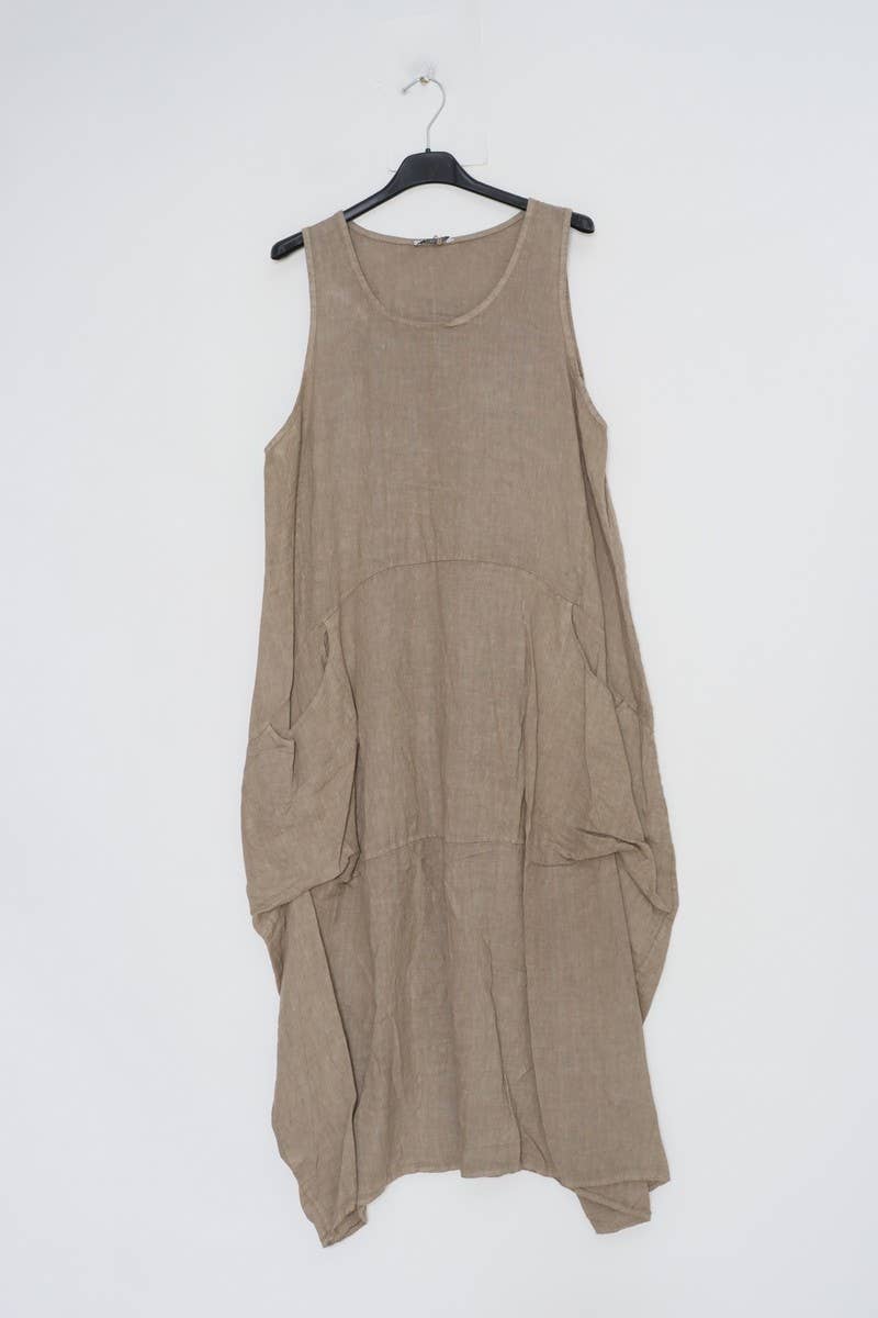 Linen Sleeveless Maxi Cocoon Dress with Pockets in Mole