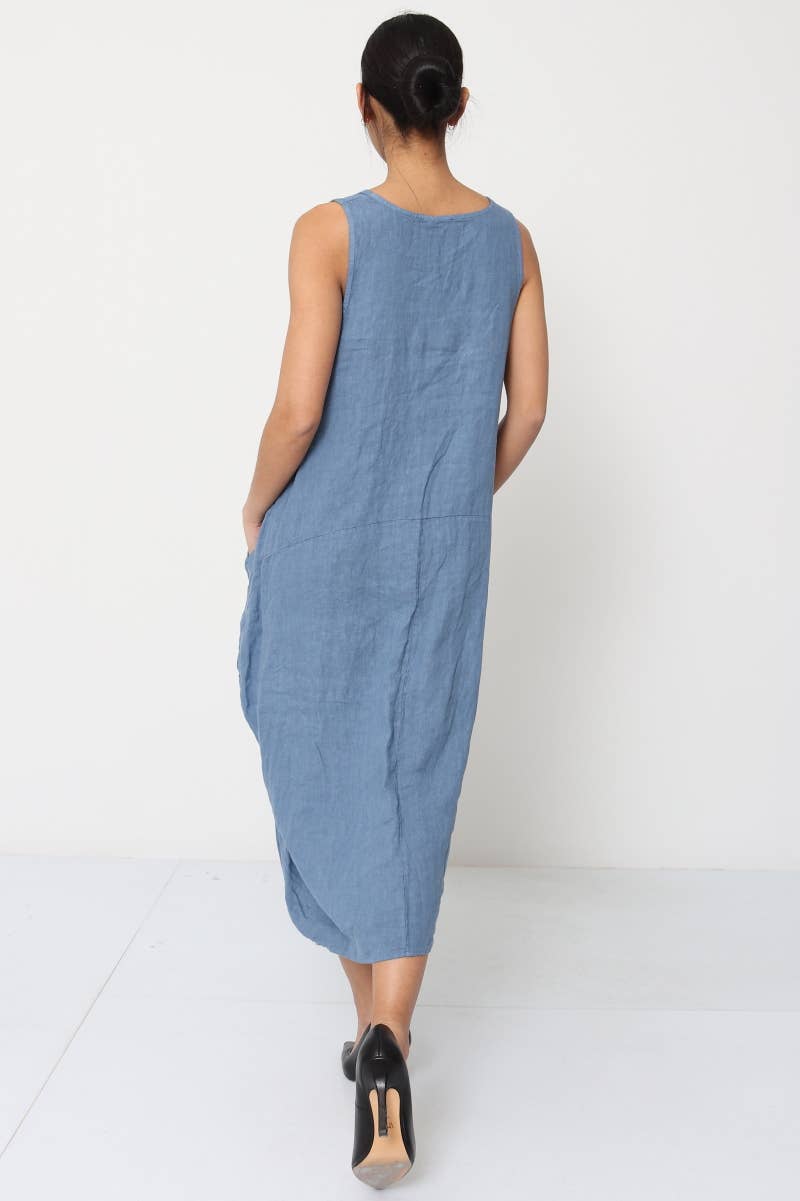 Linen Sleeveless Maxi Cocoon Dress with Pockets in Lichen