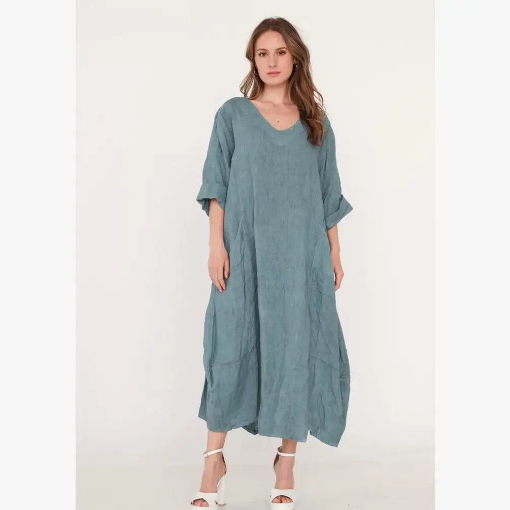 Linen V-neck Maxi Dress in Seafoam