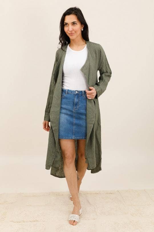 Long Linen Waterfall Jacket in Lichen Green
