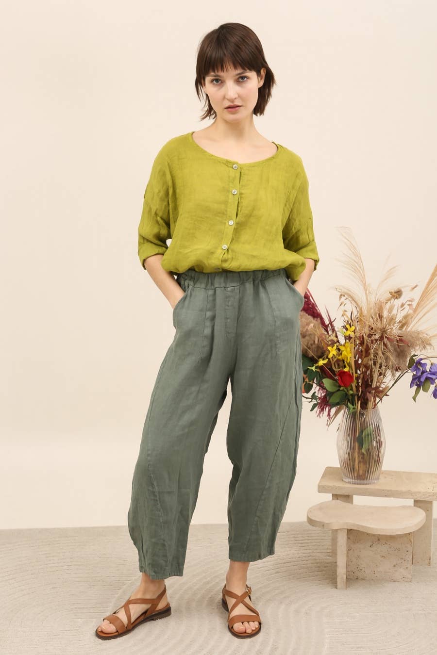 Linen Barrel Leg Trousers in Sage Green