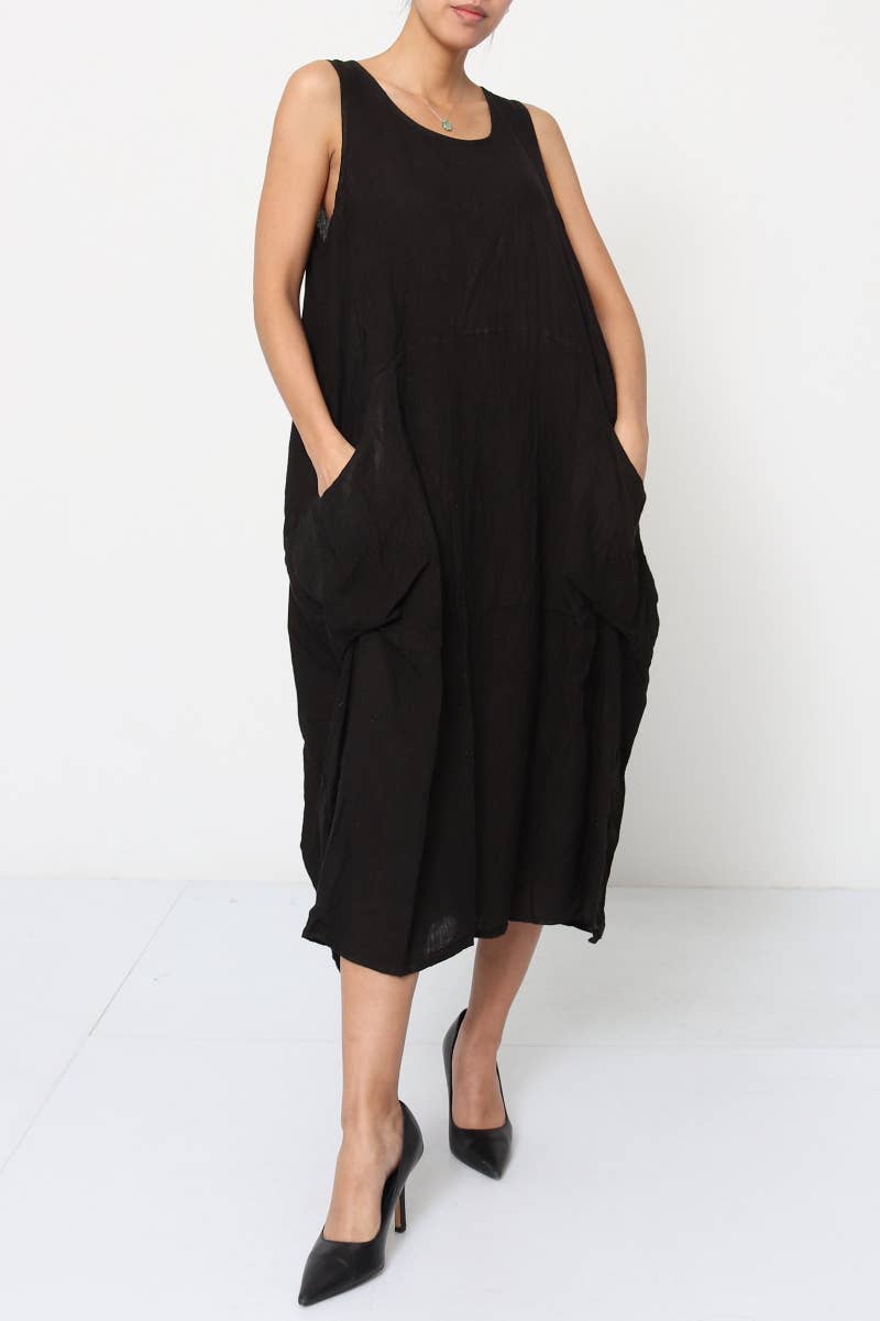 Linen Sleeveless Maxi Cocoon Dress with Pockets in Black