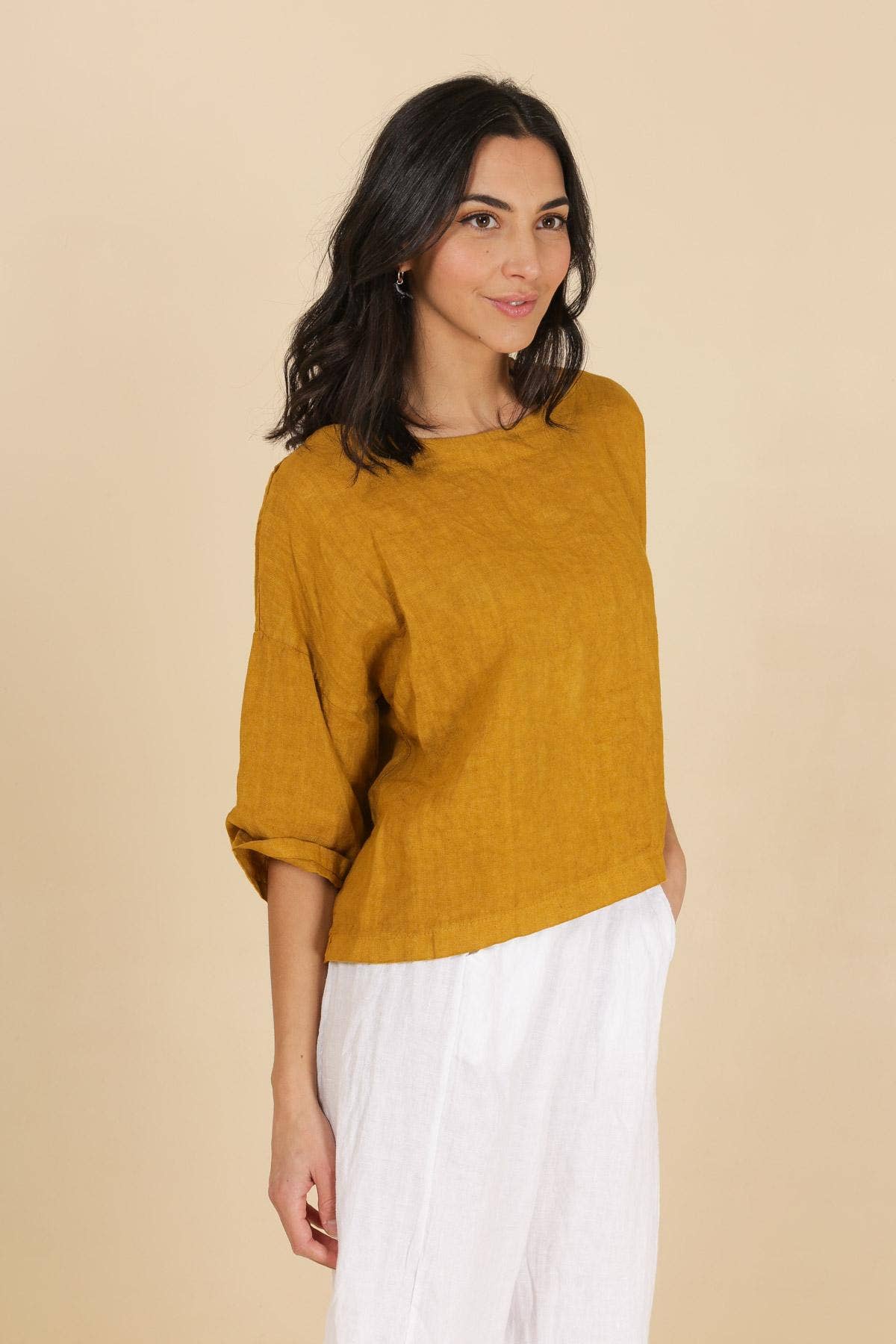 3/4 Sleeve Linen Boxy Top in Lichen