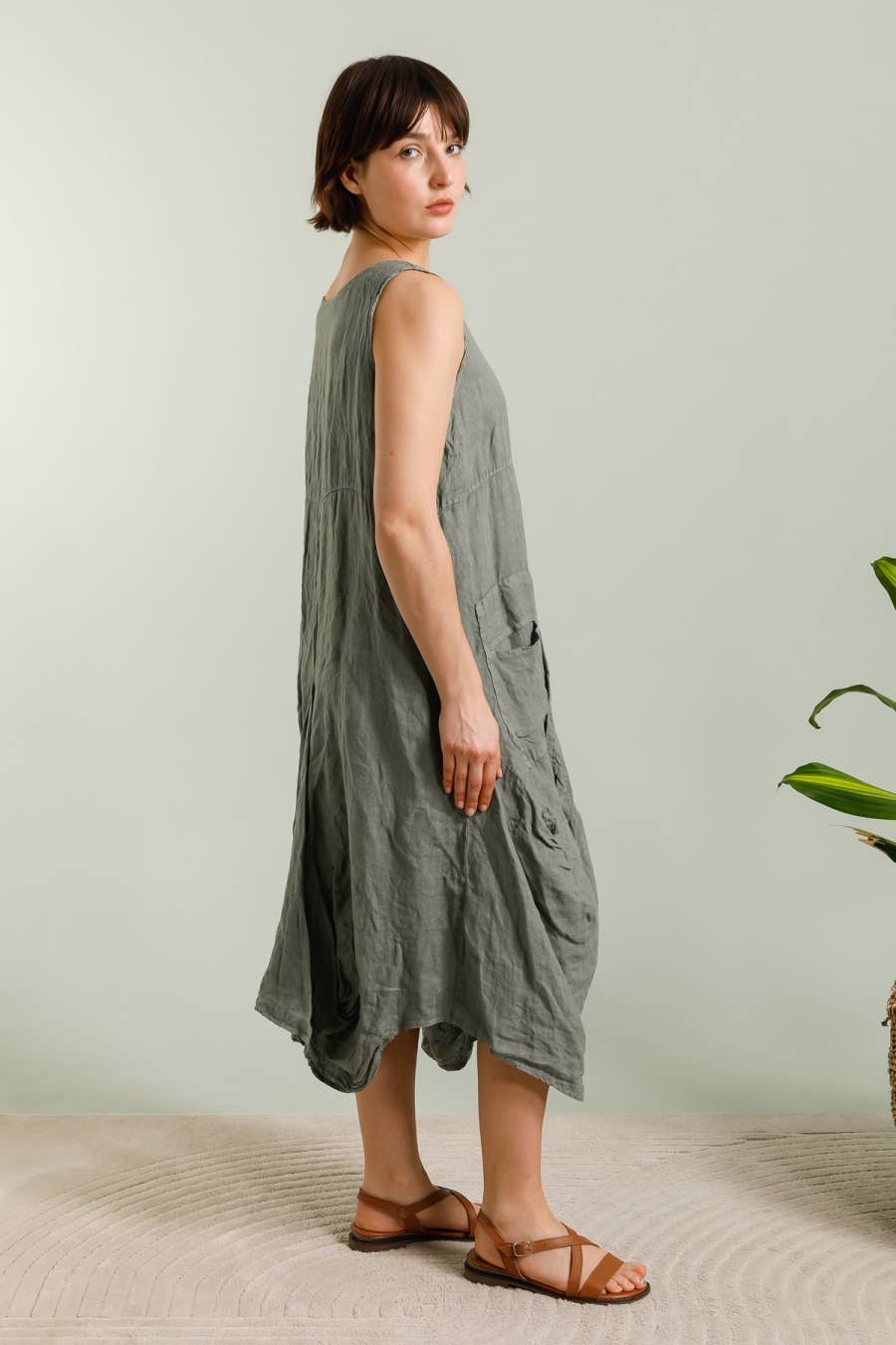 Linen Sleeveless Midi Dress in Lichen