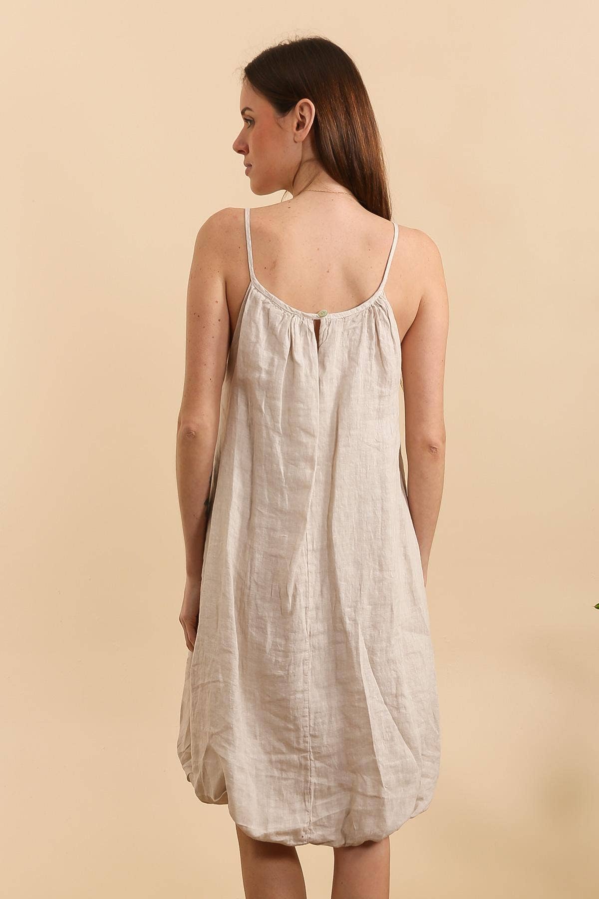 Linen Puff Hem Mini Dress in Stone