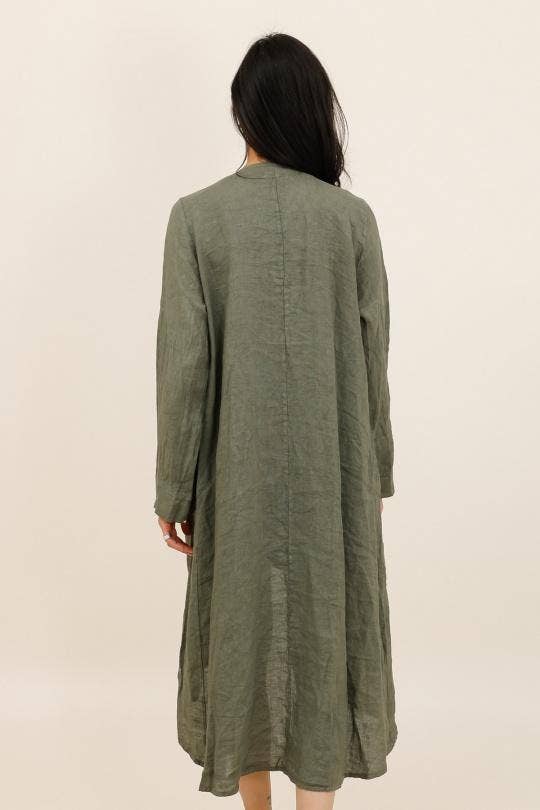 Long Linen Waterfall Jacket in Lichen Green