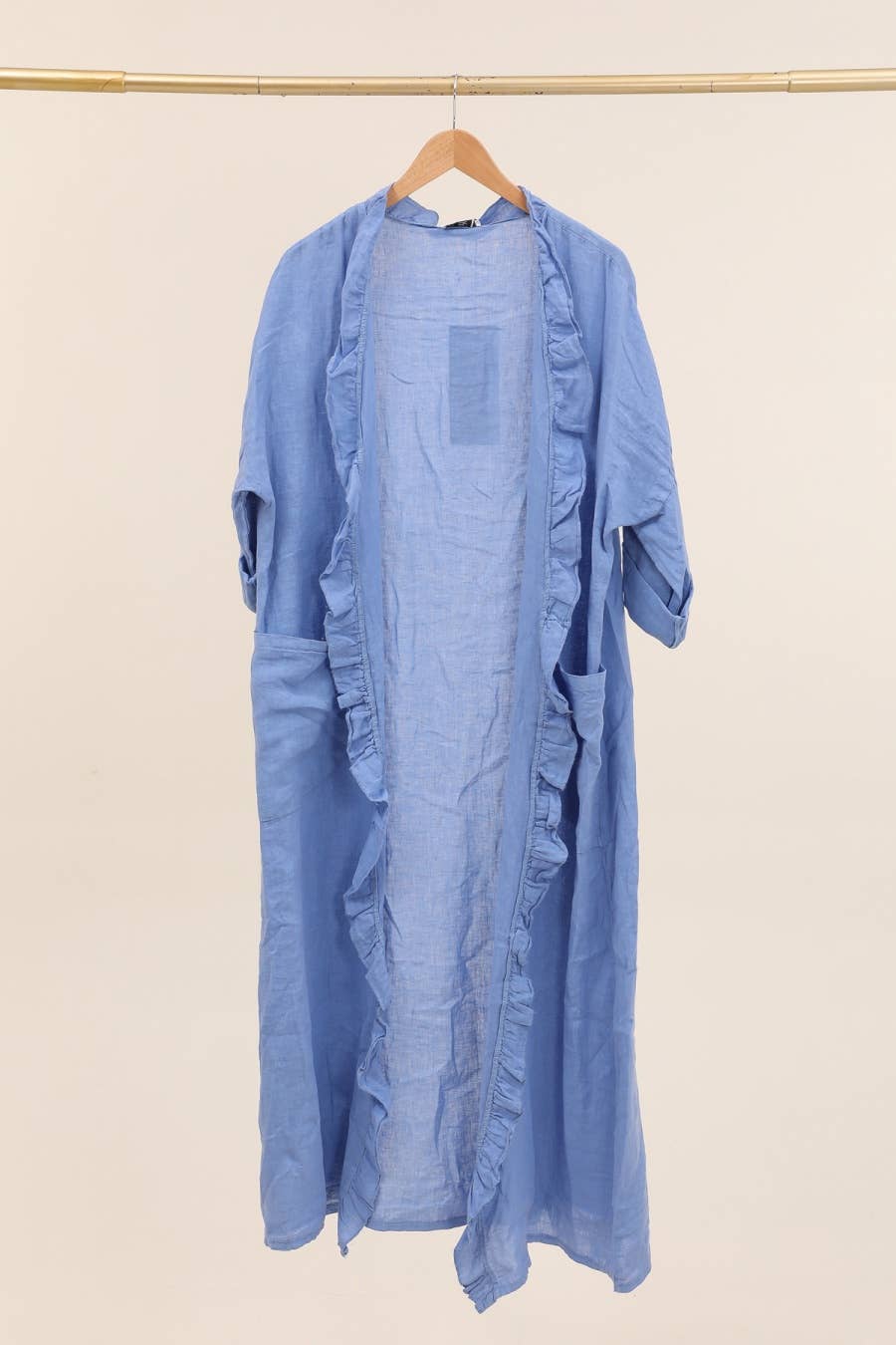 Long Linen Ruffle Hem Jacket in Cornflower