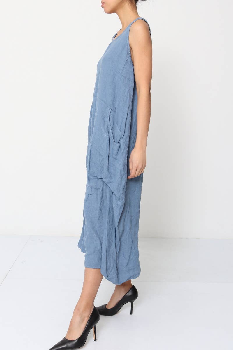 Linen Sleeveless Maxi Cocoon Dress with Pockets in Lichen