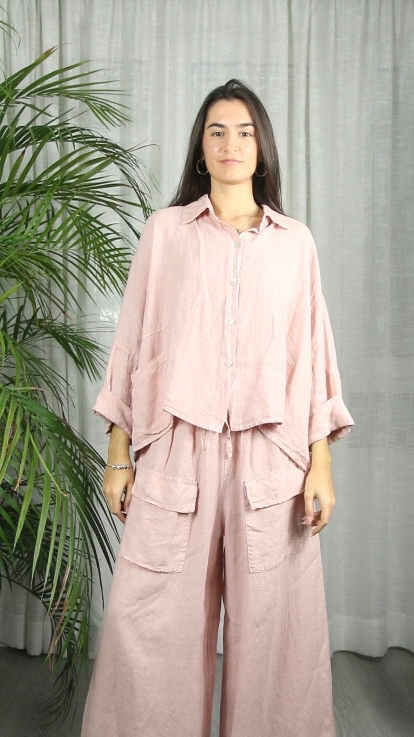 Oversized Linen Shirt with Pocket in Cosmos Pink