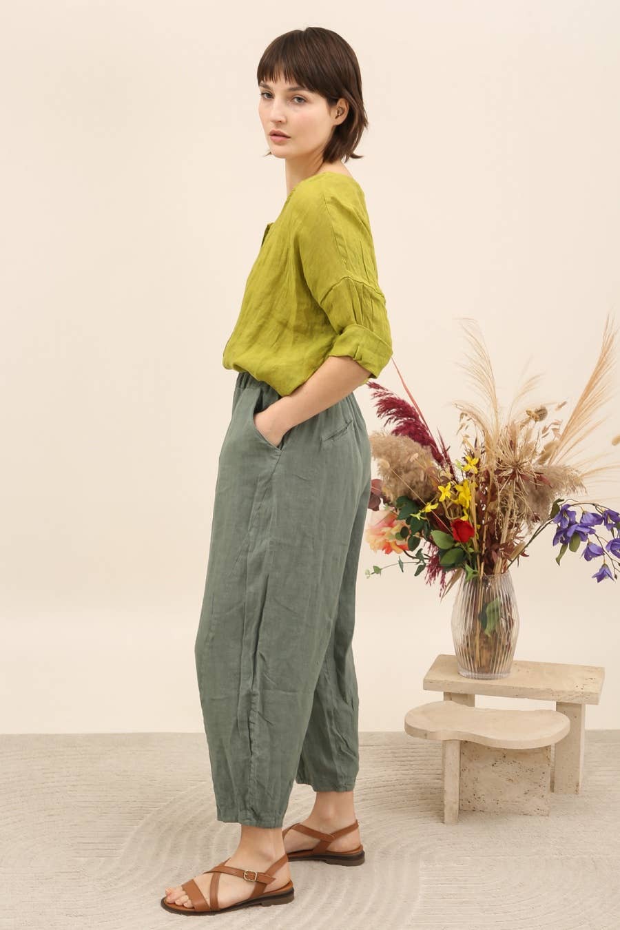 Linen Barrel Leg Trousers in Sage Green