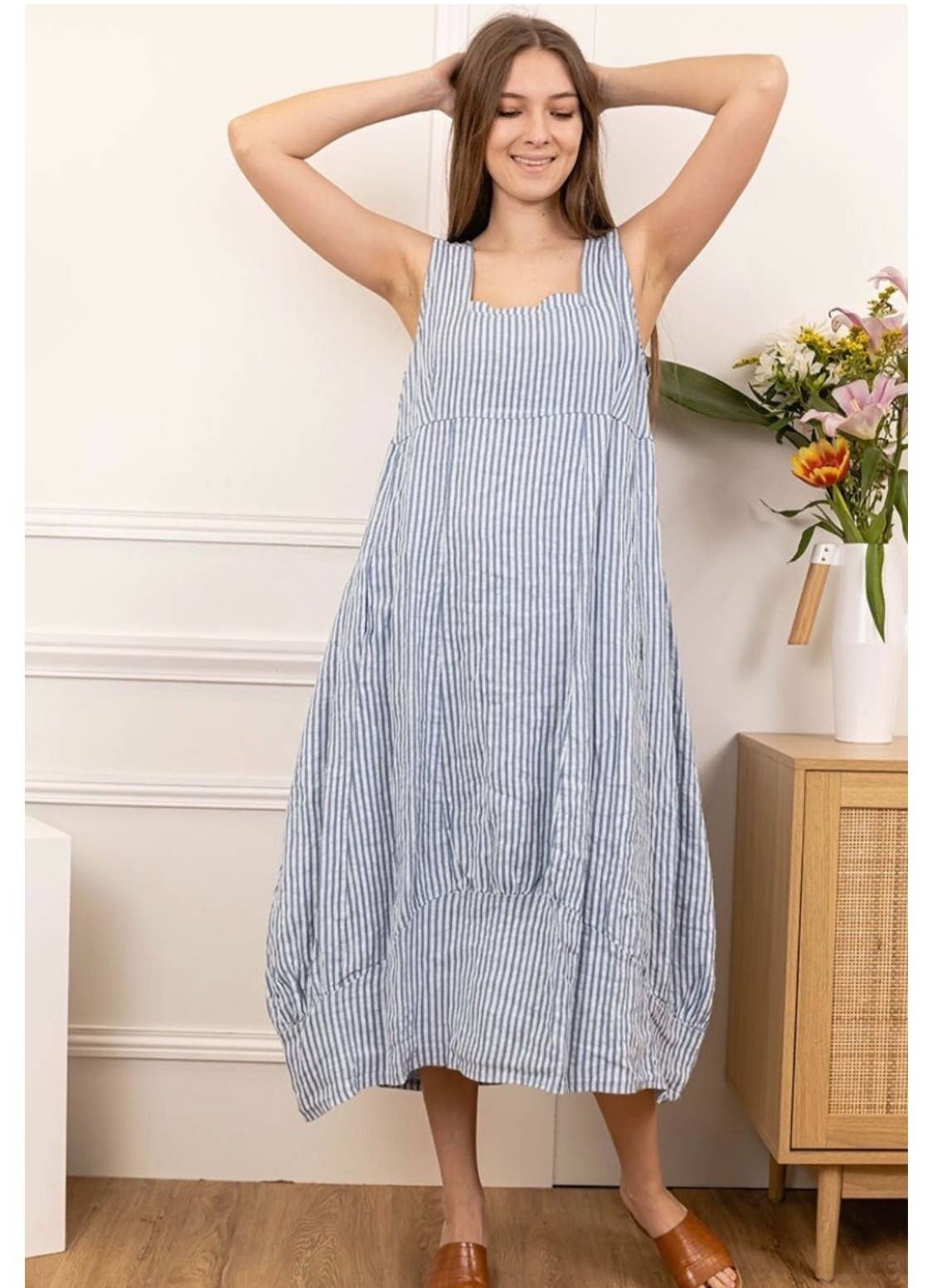 Sleeveless Striped Linen Midi Dress in Black