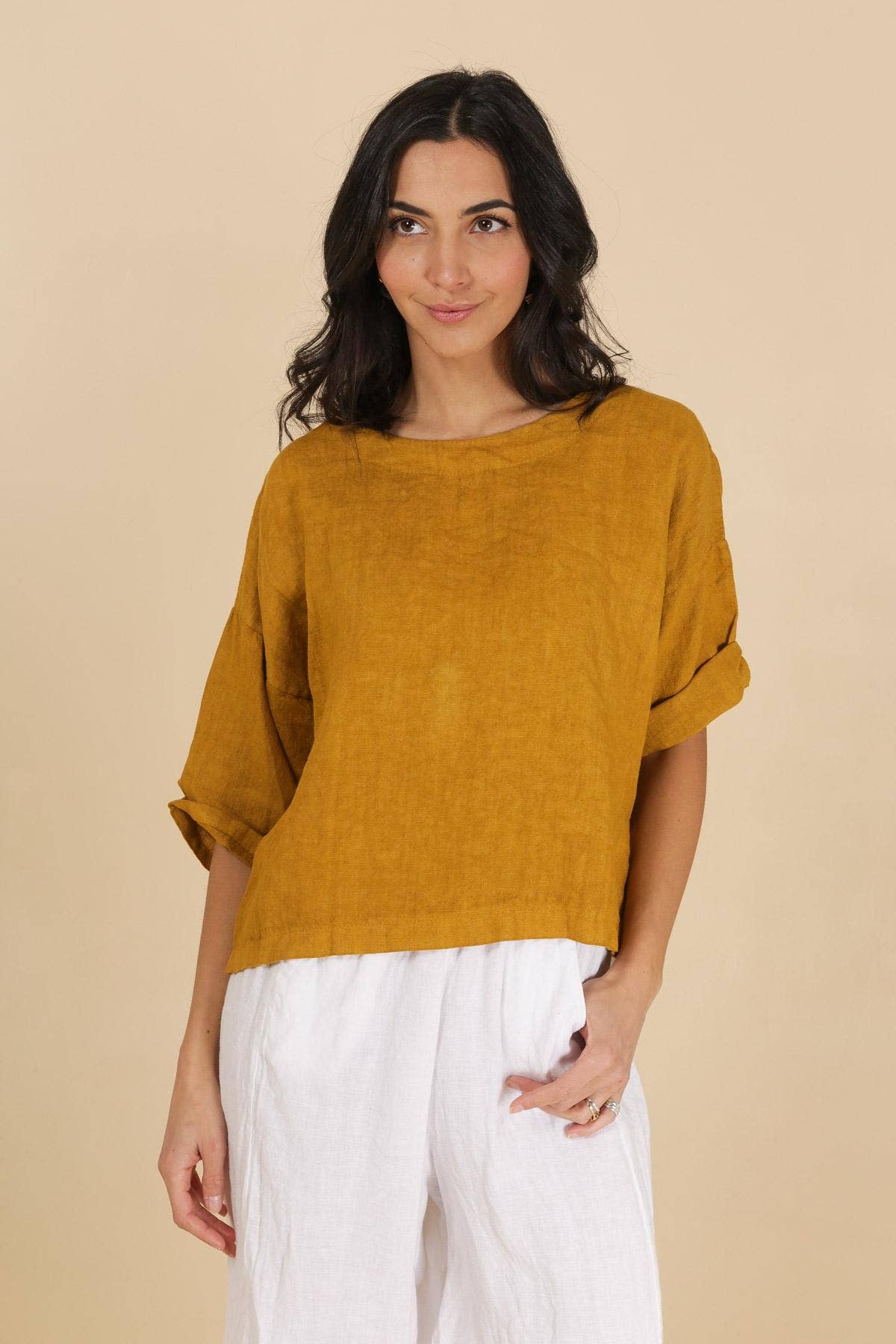 Linen 3/4 Sleeve Boxy Top in Rust