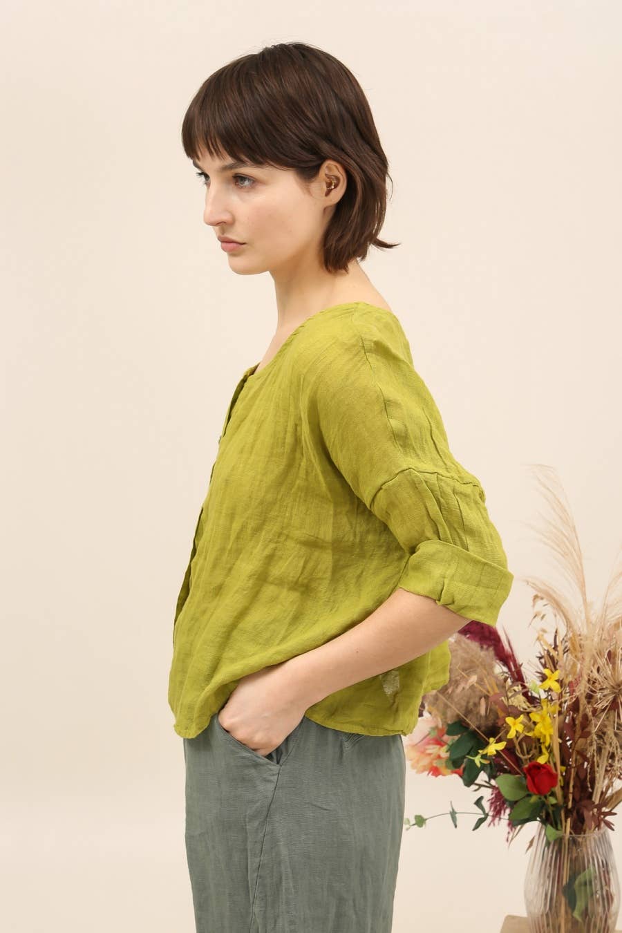 Linen Full Length Button Up Top in Mole Taupe
