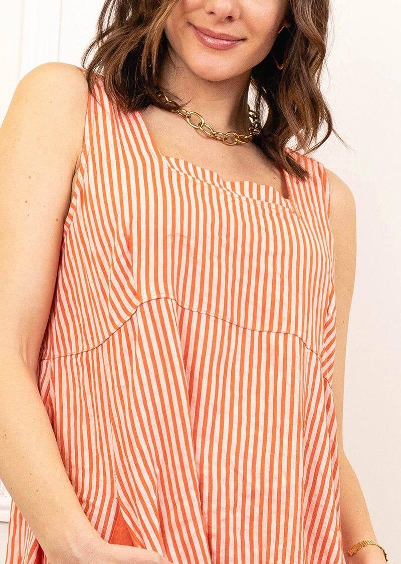 Sleeveless Striped Linen Midi Dress in Coral Pink