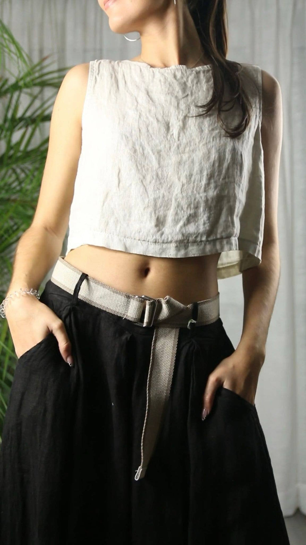 Linen Sleeveless crop top in Stone Beige