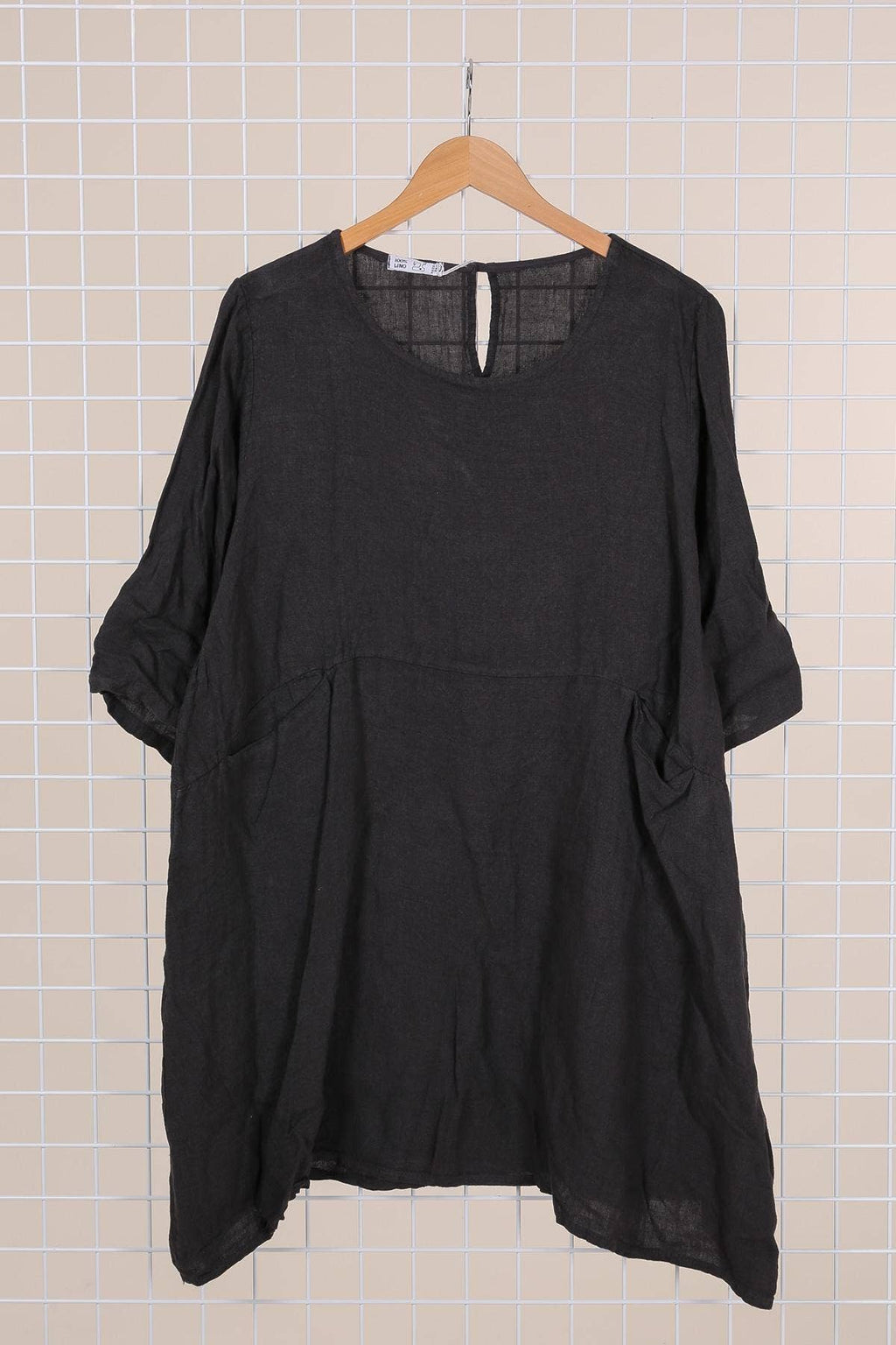 Short Linen Dress with Pockets in Soot