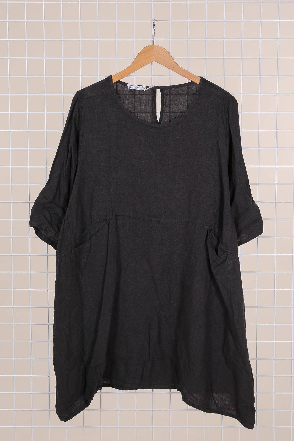 Short Linen Dress with Pockets in Soot