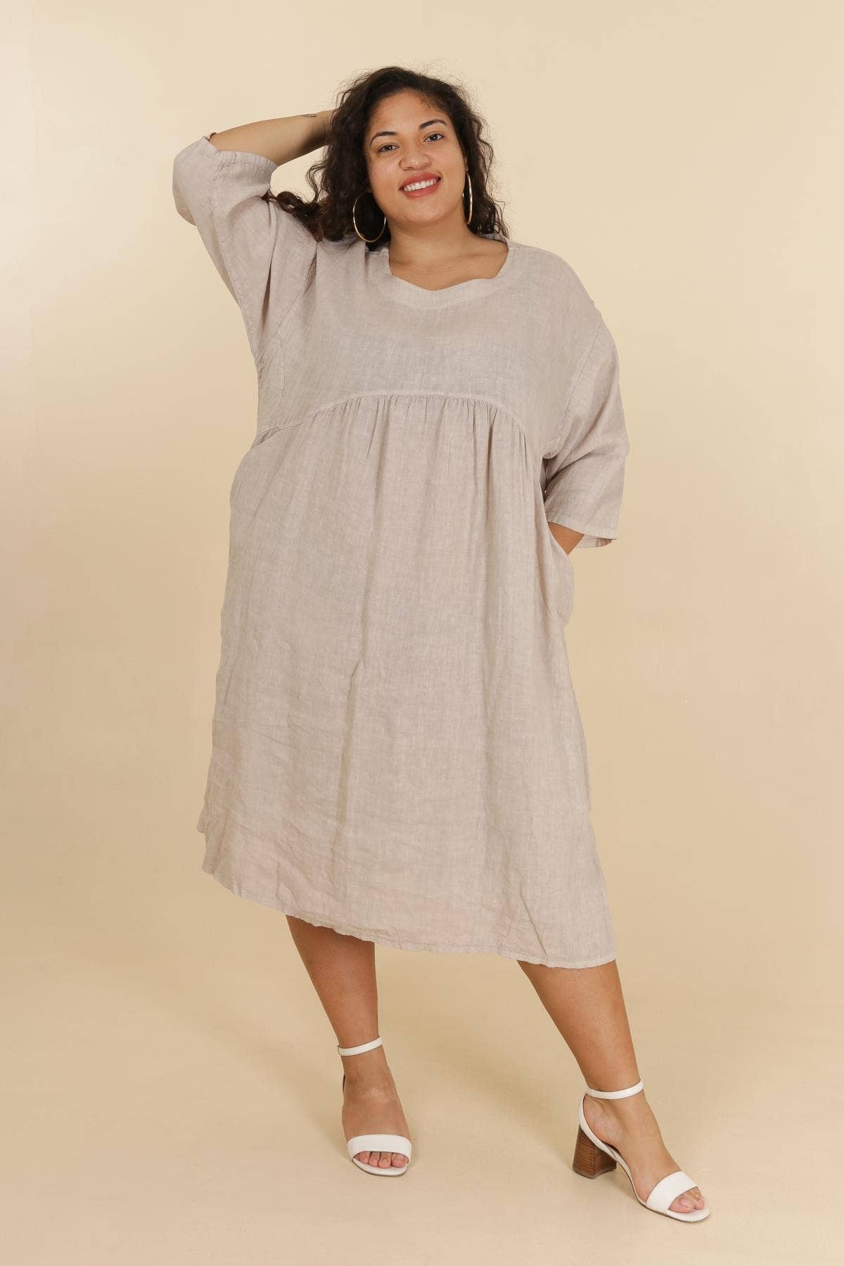 Linen Plus Size Long Sleeve Midi/Maxi Dress in White