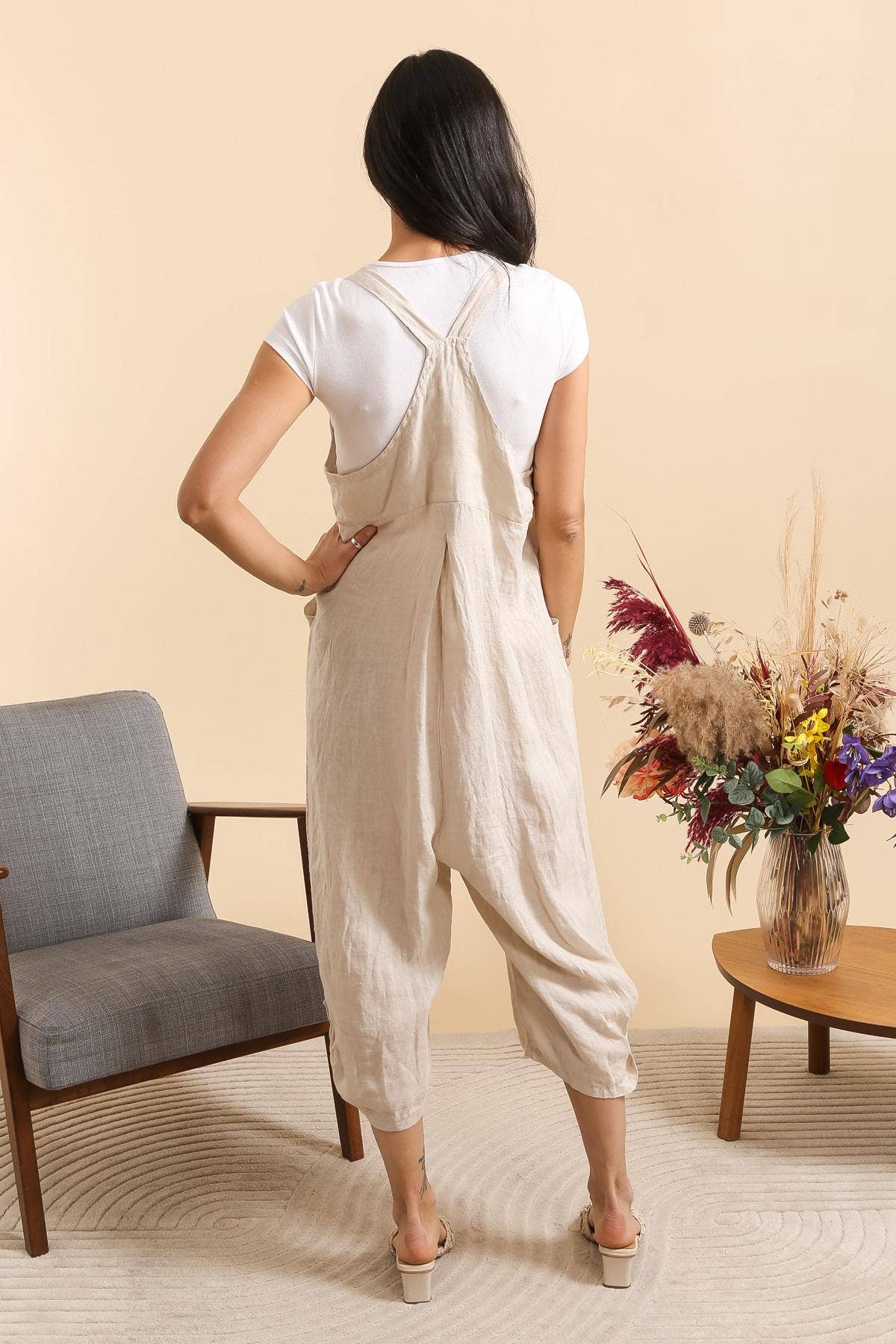 Linen Dungarees with pockets in Soot