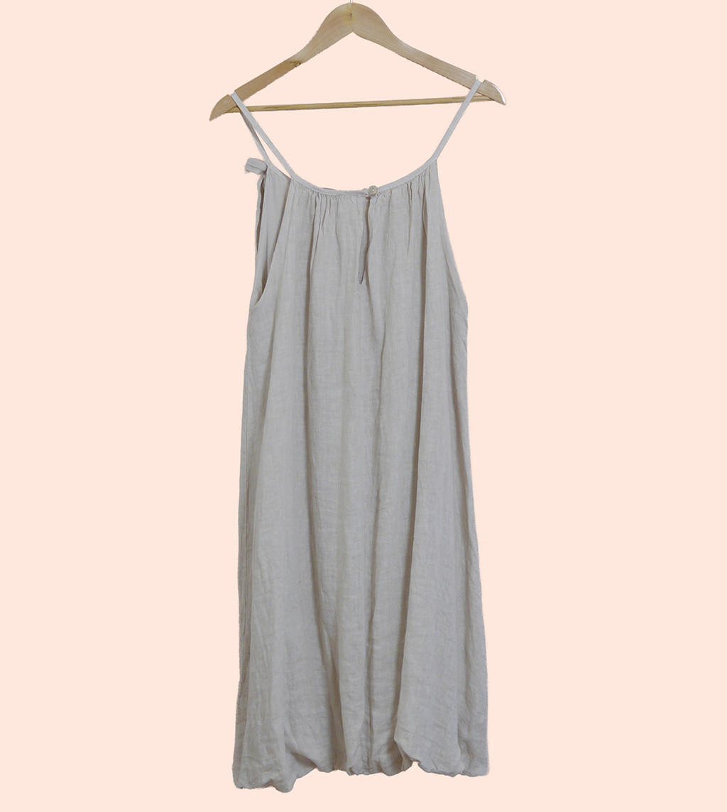 Linen Puff Hem Mini Dress in Stone