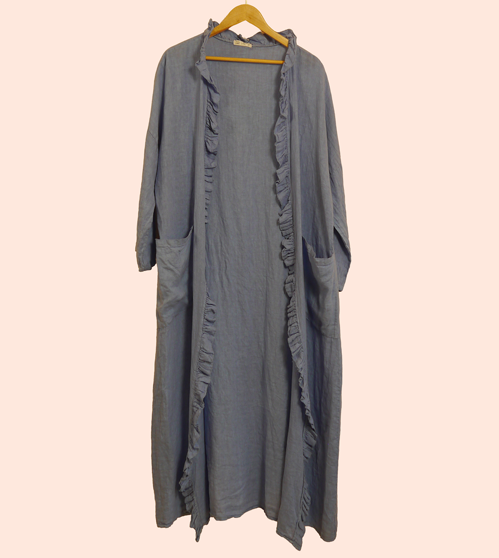 Long Linen Ruffle Hem Jacket in Cornflower