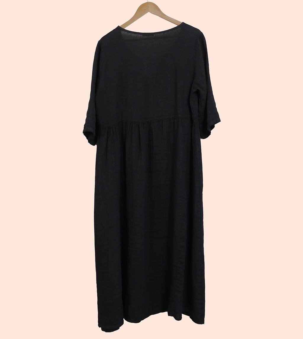 Linen Maxi 3/4 Sleeve Round Neck Dress in Soot