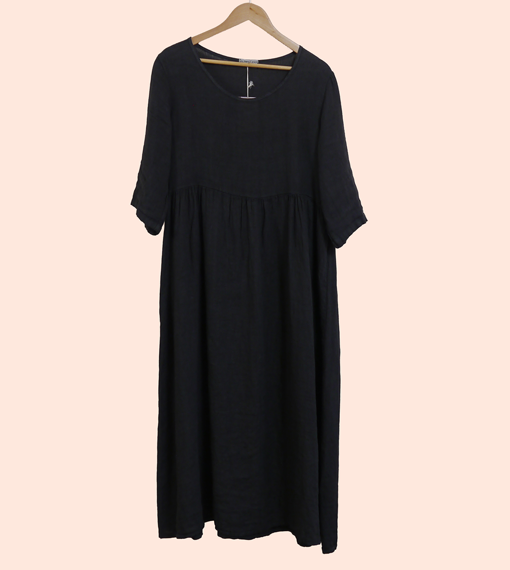 Linen Maxi 3/4 Sleeve Round Neck Dress in Soot
