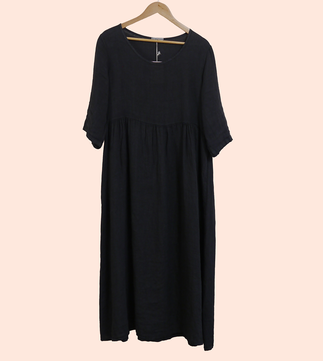 Linen Maxi 3/4 Sleeve Round Neck Dress in Soot