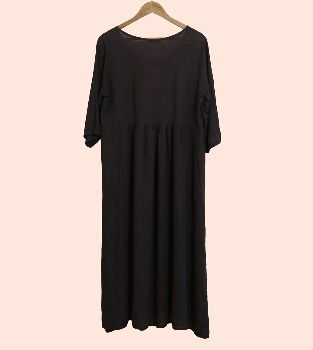 Linen Maxi 3/4 Sleeve Round Neck Dress in Bark