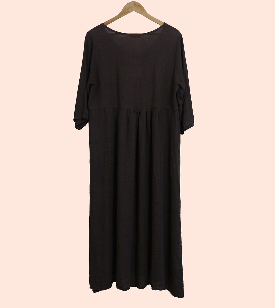 Linen Maxi 3/4 Sleeve Round Neck Dress in Bark